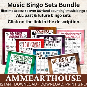 May include: A collection of printable music bingo cards with various themes, including 90s songs, love songs, country, beach tunes, R&B, and bachelorette beats. The cards are colorful and feature a variety of music-related icons. The text "AMMEARTHOUSE" is displayed at the bottom of the image, along with the text "INSTANT DOWNLOAD - DOWNLOAD, PRINT & PLAY".