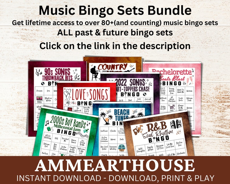 May include: A collection of printable music bingo cards with various themes, including 90s songs, love songs, country, beach tunes, R&B, and bachelorette beats. The cards are colorful and feature a variety of music-related icons. The text "AMMEARTHOUSE" is displayed at the bottom of the image, along with the text "INSTANT DOWNLOAD - DOWNLOAD, PRINT & PLAY".
