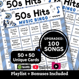 Printable 50s Hits Music Bingo game for parties, family gatherings, office events, fundraisers, and community game nights. Includes 100 beloved 1950s songs and timeless classics many still love today. Comes with 50 + 50 unique cards, Spotify, YouTube, and offline 1-minute snippets playlists, plus bonus extras.