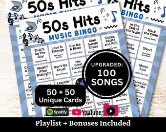 Bingo musical de los 50, 50 cartones, 100 listas de reproducción de canciones incluidas, juego en PDF imprimible, descarga instantánea