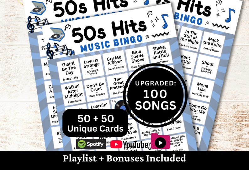 Printable 50s Hits Music Bingo game for parties, family gatherings, office events, fundraisers, and community game nights. Includes 100 beloved 1950s songs and timeless classics many still love today. Comes with 50 + 50 unique cards, Spotify, YouTube, and offline 1-minute snippets playlists, plus bonus extras.