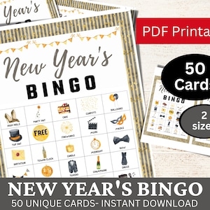 50 Neujahrs-Bingo-Aquarell-Spielkarten, Urlaubsparty-Aktivität, lustiges Familienspiel zum Ausdrucken für erwachsene Kinder, Silvester-PDF, Winterspiel