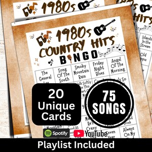 1980s Country Songs Bingo 20 Cards, Western Theme Gathering PDF Game, Classic Music Bingo with Playlist, Fun Family Holiday Party Activity