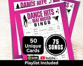 Bingo de canciones bailables (50 cartones), juego musical con lista de reproducción, actividad temática para fiestas de clubes sociales, bingo rompehielos para cumpleaños de adultos mayores