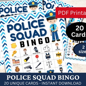 20 cartões de jogo de bingo do esquadrão policial, atividade temática de festa policial, bingo de ambição educacional divertido, jogo de clube profissional, dia de apreciação do policial