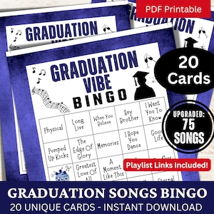 Canções de formatura Bingo 20 cartões, Classe de 2024 Lista de reprodução de música Bingo, Noite de atividades de festa temática de alunos, Reunião de formatura da faculdade