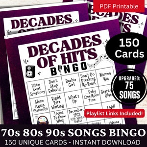 Bingo de 150 tarjetas con canciones de los años 70, 80 y 90, bingo musical con lista de reproducción de 75 canciones, juego imprimible para fiesta familiar retro, actividad para fiesta de cumpleaños