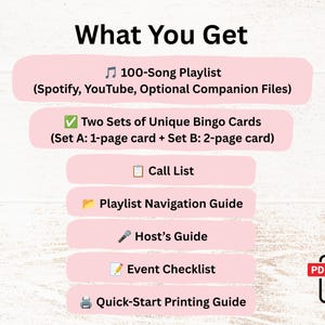 May include: A digital game kit titled What You Get, featuring a 100-song playlist for Spotify and YouTube, two sets of bingo cards, a call list, a playlist navigation guide, a host's guide, an event checklist, and a quick-start printing guide.