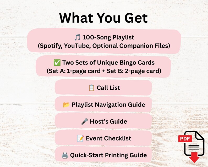 May include: A digital game kit titled What You Get, featuring a 100-song playlist for Spotify and YouTube, two sets of bingo cards, a call list, a playlist navigation guide, a host's guide, an event checklist, and a quick-start printing guide.
