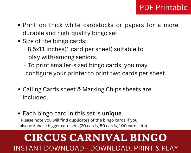 5 Circus Carnival Bingo Game Family Birthday Party Activity Etsy
