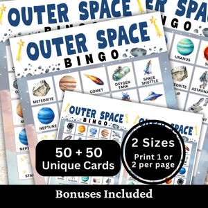 May include: Outer Space Bingo game cards featuring watercolor illustrations of planets, stars, comets, and space equipment. The cards include text labels like Meteorite, Neptune, Comet, Oxygen Tank, Space Shuttle, Sun, and Astronaut. Includes 50 plus 50 unique cards with 2 sizes for printing.