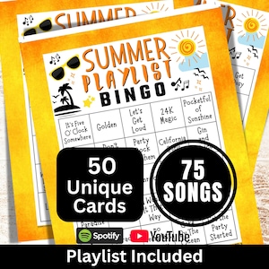Summer Songs Bingo 50 Cards, Family Birthday Gathering Activity, Summertime Picnic Themed Music with Playlist, College Reunion Party Game