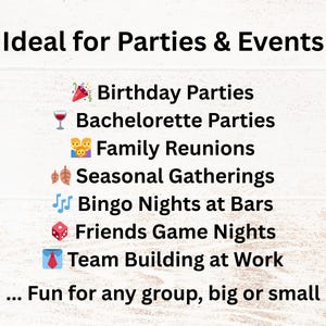 Ideal for birthday parties, bachelorette parties, family reunions, seasonal gatherings, work or office parties, bingo nights at bars, friends’ game nights, fundraisers, and team building at work. Perfect for adding music-filled fun to any group event, big or small.