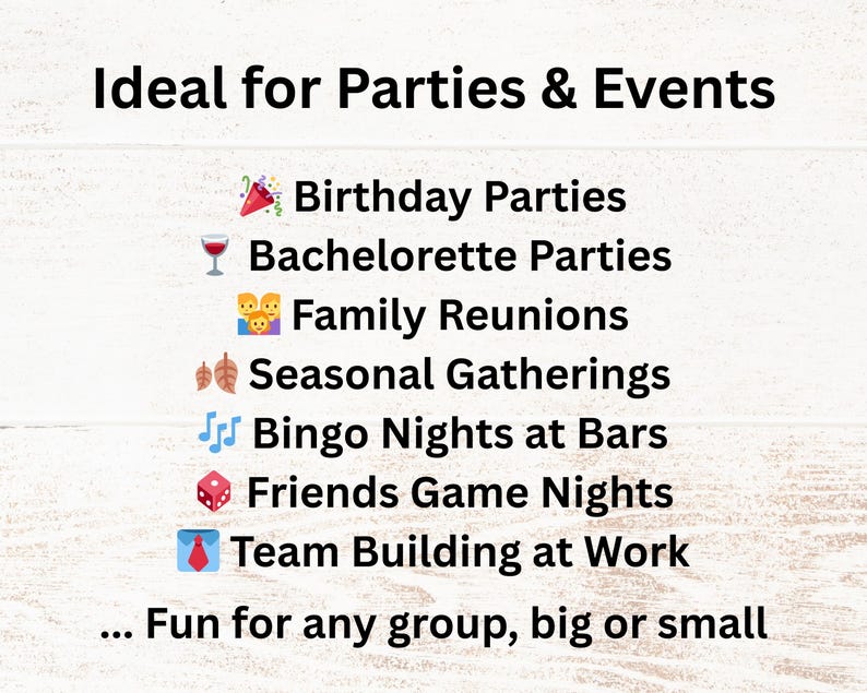 Ideal for birthday parties, bachelorette parties, family reunions, seasonal gatherings, work or office parties, bingo nights at bars, friends’ game nights, fundraisers, and team building at work. Perfect for adding music-filled fun to any group event, big or small.