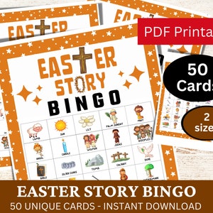 50 cartes de jeu de bingo histoire de Pâques, activité de rassemblement des jeunes de l'église biblique, classe d'école du dimanche imprimable, jeu religieux PDF pour catholique