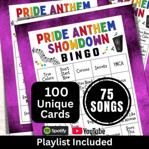 Pride Songs Bingo 100 Cards, Rainbow Themed Office Game, Community Music Bingo with Playlist, Adult Printable LGBTQ Trans Party Activity
