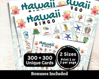 May include: Hawaii Bingo game cards featuring watercolour illustrations of tropical items like pineapples, flip flops, and starfish. The cards include the text Hawaii Bingo and labels for each image. Black overlays state 300 + 300 Unique Cards and 2 Sizes Print 1 or 2 per page.