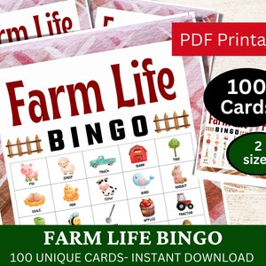 100 Farm Life Bingo Game Card, Barnyard Theme Party Activity, PDF Game Printable for Homeschool, Road Trip Activities, Classroom Game