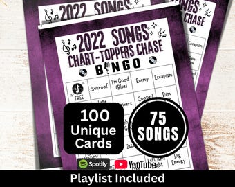 Jeu de 100 cartes de bingo-test 2022 chansons, soirée de réunion de famille, activité de rassemblement sur le thème de l'anniversaire d'un ami, bingo-test musical avec liste de lecture pour adulte