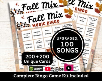 Bingo de canciones de otoño con 200 tarjetas, Bingo musical con ambiente otoñal y lista de reproducción, Juego imprimible para fiestas de cumpleaños, Actividad para fiestas familiares y con amigos
