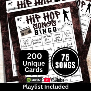 Hip Hop Songs Bingo 200 Cards, Rap Music Bingo with Playlist 75 Songs, Family Club Night Gathering Printable Game, Birthday Party Activity