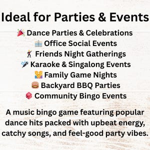 Puede incluir: Fondo blanco con el texto "Ideal para fiestas y eventos". El texto enumera varios tipos de eventos, incluyendo fiestas de baile, eventos sociales de oficina, karaoke y noches de juegos familiares. El texto inferior describe un juego de bingo musical.