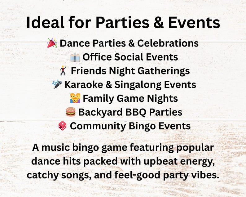 Puede incluir: Fondo blanco con el texto "Ideal para fiestas y eventos". El texto enumera varios tipos de eventos, incluyendo fiestas de baile, eventos sociales de oficina, karaoke y noches de juegos familiares. El texto inferior describe un juego de bingo musical.