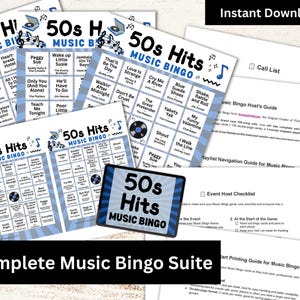 Bingo musical de los 50, 50 cartones, 100 listas de reproducción de canciones incluidas, juego en PDF imprimible, descarga instantánea imagen 2