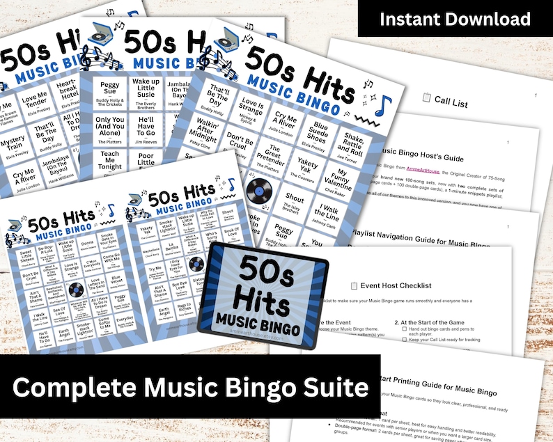 Bingo musical de los 50, 50 cartones, 100 listas de reproducción de canciones incluidas, juego en PDF imprimible, descarga instantánea imagen 2