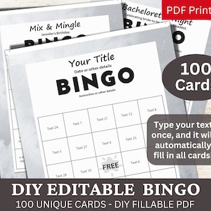 100 bearbeitbare Bingo Aquarell Grau Vorlage PDF, DIY ausfüllbare Spielkarten, Benutzerdefiniert automatisch füllen, personalisiert Machen Sie Ihren eigenen Generator