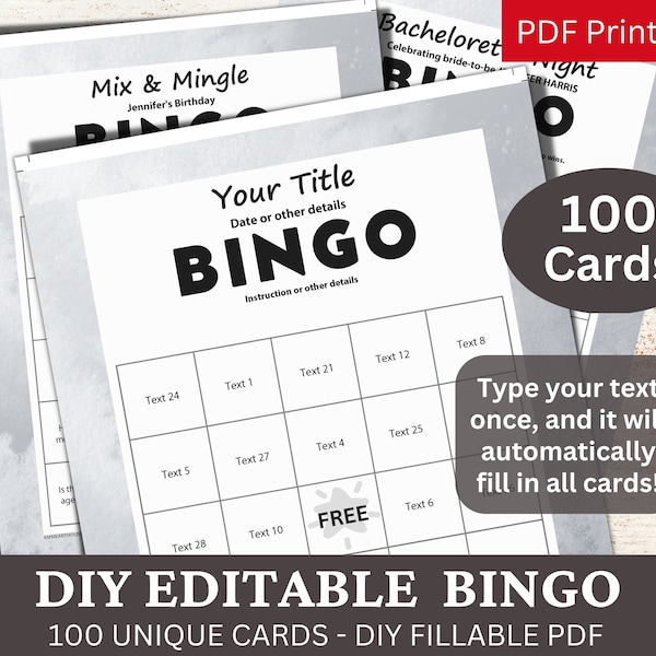 100 PDF de plantilla gris acuarela de bingo editable, tarjetas de juego rellenables de bricolaje, relleno automático personalizado, personalizado haga su propio generador