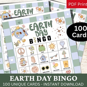 Tarjeta de juego de bingo del Día de la Tierra 100, actividad temática retro groovy pastel, PDF de reunión familiar, fiesta Save Planet Nature, clase escolar imprimible