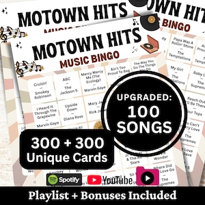 R&B Soul Pop Songs Bingo 300 Card, Classic Music Bingo with Playlist, Fun Family Holiday Party Activity, Senior Gathering Game PDF Printable