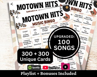 Klassisches R & B Soul Musik Bingo, 300 Karten, 100 Lieder-Wiedergabelisten enthalten, druckbares PDF-Spiel, Sofort-Download