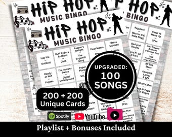 Hiphopnummers Bingo 200 kaarten, rapmuziekbingo met afspeellijst 100 nummers, Family Club Night Gathering afdrukbaar spel, activiteit verjaardagsfeestje
