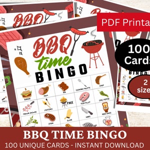 100 BBQ Time Bingo Spielkarten, Grillparty Familien Bingo, Sommer Picknick Aktivität, Essen Thema Hinterhof druckbares Spiel, Hot Dog Party PDF