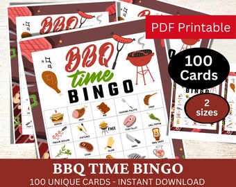 100 BBQ Time Bingo Game Cards, Barbecue Party Family Bingo, Summer Picnic Activity, Food Theme Backyard Printable Game, Hot Dog Party PDF