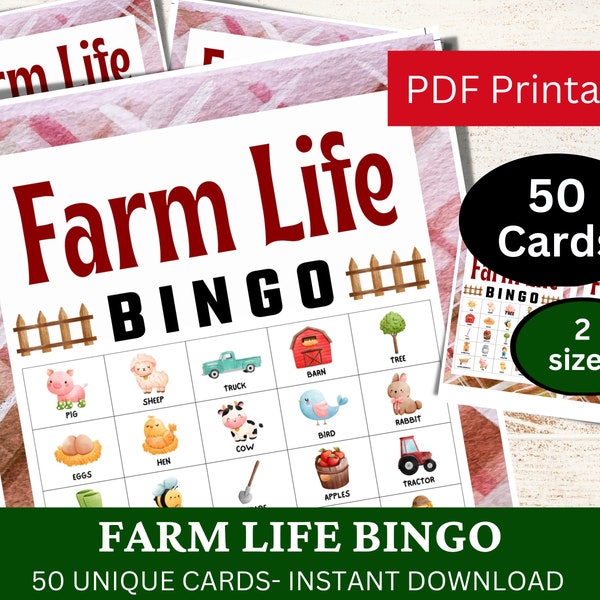 50 Farm Life Bingo Game Card, Barnyard Theme Party Activity, PDF Game Printable for Homeschool, Road Trip Activities, Classroom Game