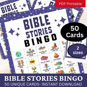 50 Bible Stories Bingo Game Card for Kids, Church Youth Gathering Activity, Sunday School Class Game Printable, Family Holiday Game PDF