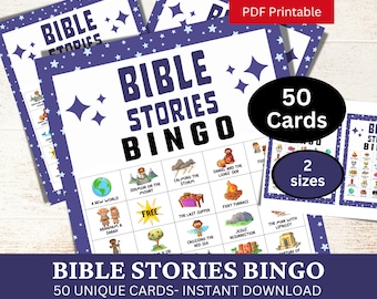 Tarjeta de juego de bingo de 50 historias bíblicas para niños, actividad de reunión de jóvenes de la iglesia, juego de clase de escuela dominical imprimible, juego de vacaciones familiares PDF