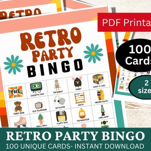 100 Retro Party Bingo Spielkarten, National Retro Day Aktivität, Throwback Geburtstag druckbares Spiel, Vintage Bachelorette PDF, Boho Themed