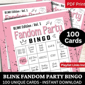 BLINK Fandom Party Bingo 100 Cards, Gra strumieniowa z piosenkami Kpop, Koreańska rocznica grupy, Fan Concert Activity Theme Icebreaker Wydrukuj PDF