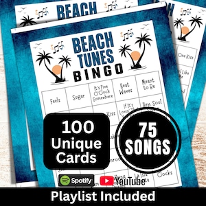 Beach Songs Bingo Game 100 Cards, Vacation Tunes Activity, Summer Themed Music, College Reunion Party Night, Family Birthday Gathering Game image 1