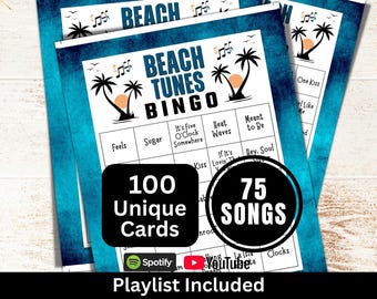 Beach Songs Bingo Game 100 Cards, Vacation Tunes Activity, Summer Themed Music, College Reunion Party Night, Family Birthday Gathering Game