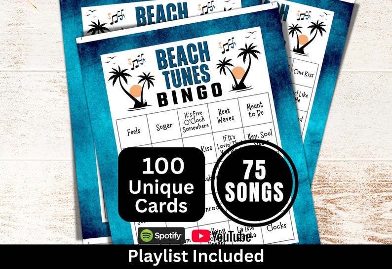 Beach Songs Bingo Game 100 Cards, Vacation Tunes Activity, Summer Themed Music, College Reunion Party Night, Family Birthday Gathering Game image 1