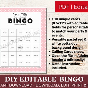 100 Editable Bingo Pastel Red Template PDF, DIY Fillable Bingo Game ...