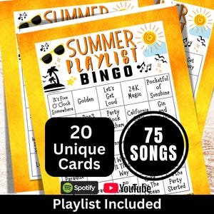 Summer Songs Bingo 20 Cards, Summertime Picnic Themed Music with Playlist, College Reunion Party Game, Family Birthday Gathering Activity