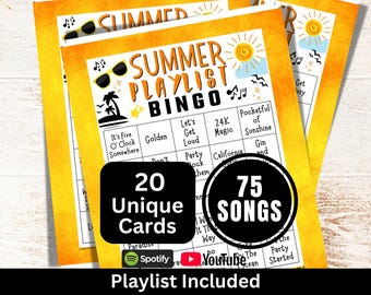 Summer Songs Bingo 20 Cards, Summertime Picnic Themed Music with Playlist, College Reunion Party Game, Family Birthday Gathering Activity