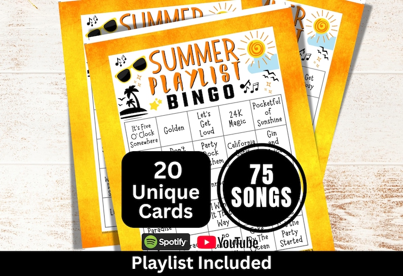 Summer Songs Bingo 20 Cards, Summertime Picnic Themed Music with Playlist, College Reunion Party Game, Family Birthday Gathering Activity image 1