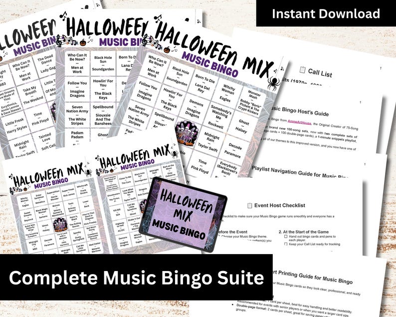Bingo musical de Halloween, 100 cartones, 100 listas de reproducción de canciones incluidas, juego en PDF imprimible, descarga instantánea imagen 2